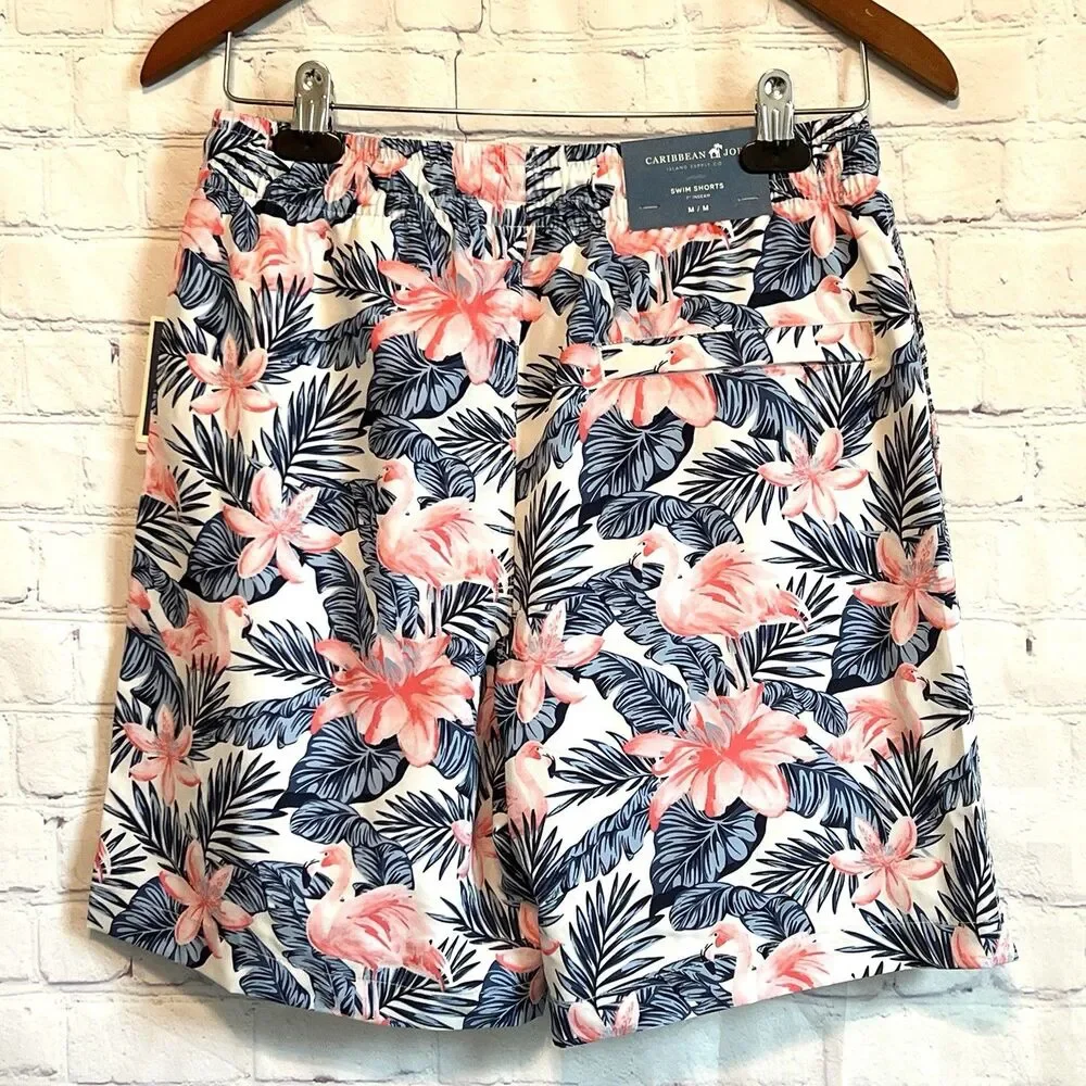 Caribbean Swimwear Men’s M Swim Trunks Print Green Multi Drawcord 7” Inseam New
